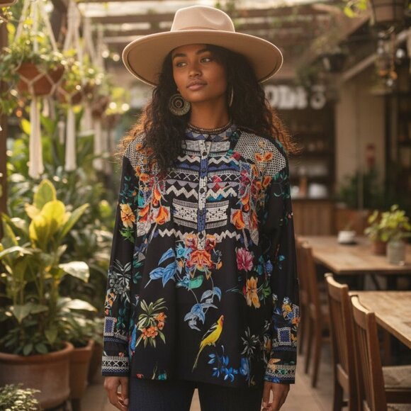 JOHNNY WAS BIYA ANTHRO Veda Embroidered Silk Blouse S M L Shirt Peasant Top - Picture 16 of 16